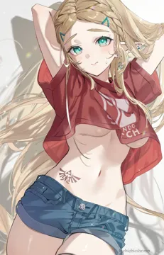 1girl arms_behind_head blonde_hair blue_eyes blue_shorts blush braid breasts closed_mouth cowboy_shot crop_top ear_piercing earrings elf green_eyes hair_lift hair_ornament hairclip hand_in_own_hair hands_in_hair jacket jewelry large_breasts long_hair looking_at_viewer medium_breasts midriff navel nintendo_switch_shirt no_bra piercing pointy_ears princess_zelda red_jacket red_shirt shirt short_shorts shorts shuri__84k simple_background smile solo stomach stomach_tattoo tattoo the_legend_of_zelda the_legend_of_zelda__breath_of_the_wild thick_eyebrows twitter_username underboob very_long_hair white_background