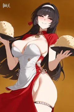 1girl alternate_costume astra_yao black_hair blush breasts china_dress chinese_clothes collar cowboy_shot dress earrings ei__eiei_e1 food fried_rice hair_intakes hair_spread_out hairband half_closed_eyes holding holding_plate jewelry large_breasts long_hair looking_at_viewer no_panties orange_background orange_eyes parted_lips plate red_collar red_dress side_slit smile solo thighs very_long_hair white_hairband zenless_zone_zero