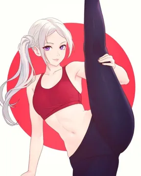 1girl bare_shoulders breasts flexible leg_lift leg_up long_hair looking_at_viewer midriff navel purple_eyes red_background solo split sports_bra standing standing_on_one_leg standing_split fire_emblem_three_houses edelgard_von_hresvelg__fire_emblem_three_houses