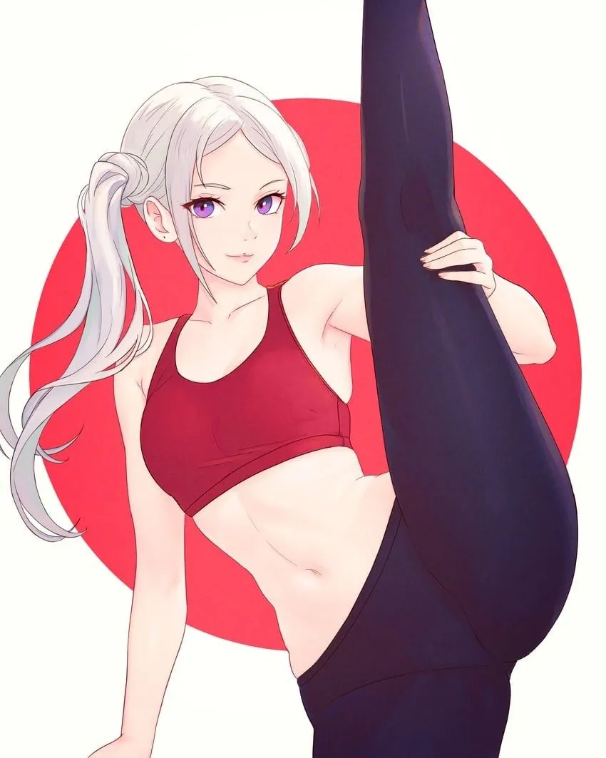 1girl bare_shoulders breasts flexible leg_lift leg_up long_hair looking_at_viewer midriff navel purple_eyes red_background solo split sports_bra standing standing_on_one_leg standing_split fire_emblem_three_houses edelgard_von_hresvelg__fire_emblem_three_houses