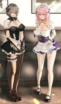 2girls apron arm_garter arms_behind_back asymmetrical_gloves back_bow black_footwear black_gloves black_horns black_pantyhose blue_eyes bow braid braided_bangs breasts brown_hair butterfly_ornament choker cleavage closed_mouth couch day dress eleaaa elf elysia__honkai_impact elysia__miss_pink__honkai_impact elysia__miss_pink_elf__honkai_impact eyes_visible_through_hair floral_print flower frilled_dress frilled_thigh_strap frills full_body garter_straps gloves grey_hair hair_flower hair_ornament hair_over_one_eye heart heart_pendant honkai__series honkai_impact_3rd horn_ornament horn_ribbon horns indoors large_breasts looking_at_viewer maid maid_apron maid_headdress mary_janes medium_hair mismatched_gloves mole mole_under_eye multiple_girls neck_ribbon official_alternate_costume open_mouth own_hands_together painting__object pantyhose picture_frame pink_hair pointy_ears puffy_short_sleeves puffy_sleeves purple_dress purple_horns red_eyes red_flower red_rose ribbon rita_rossweisse rita_rossweisse__umbral_rose rose running_bond shadow shiny_skin shoes short_hair short_sleeves single_braid smile sparkle standing stenciled_rose thigh_strap waist_apron white_apron white_flower white_gloves white_ribbon wooden_floor