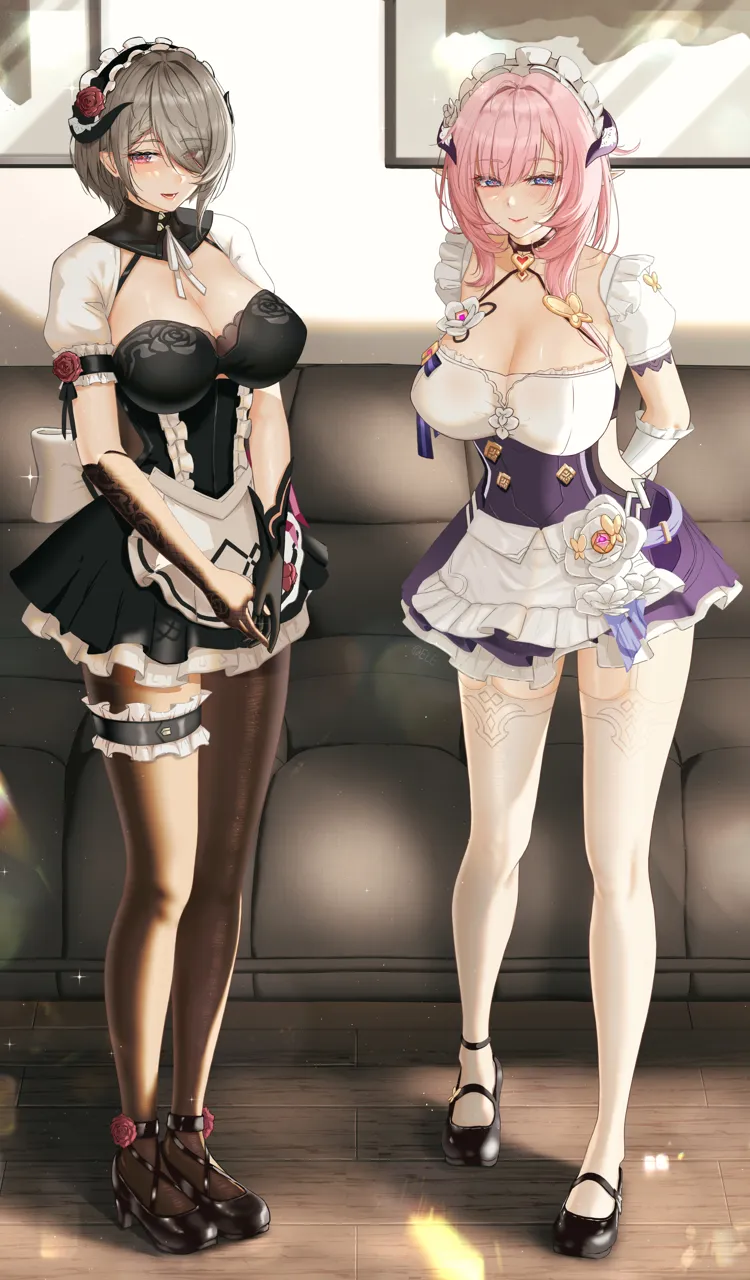 2girls apron arm_garter arms_behind_back asymmetrical_gloves back_bow black_footwear black_gloves black_horns black_pantyhose blue_eyes bow braid braided_bangs breasts brown_hair butterfly_ornament choker cleavage closed_mouth couch day dress eleaaa elf elysia__honkai_impact elysia__miss_pink__honkai_impact elysia__miss_pink_elf__honkai_impact eyes_visible_through_hair floral_print flower frilled_dress frilled_thigh_strap frills full_body garter_straps gloves grey_hair hair_flower hair_ornament hair_over_one_eye heart heart_pendant honkai__series honkai_impact_3rd horn_ornament horn_ribbon horns indoors large_breasts looking_at_viewer maid maid_apron maid_headdress mary_janes medium_hair mismatched_gloves mole mole_under_eye multiple_girls neck_ribbon official_alternate_costume open_mouth own_hands_together painting__object pantyhose picture_frame pink_hair pointy_ears puffy_short_sleeves puffy_sleeves purple_dress purple_horns red_eyes red_flower red_rose ribbon rita_rossweisse rita_rossweisse__umbral_rose rose running_bond shadow shiny_skin shoes short_hair short_sleeves single_braid smile sparkle standing stenciled_rose thigh_strap waist_apron white_apron white_flower white_gloves white_ribbon wooden_floor