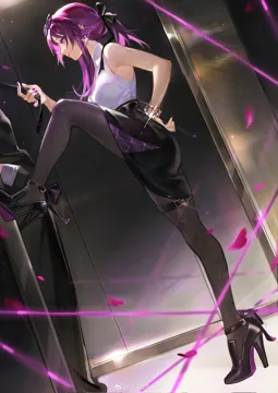1girl 1other ankle_bow bare_arms bare_shoulders bead_bracelet beads belt black_bow black_footwear black_pantyhose black_skirt black_theme bow bracelet bula_weibo closed_mouth clothes_grab colored_shoe_soles dutch_angle earrings elevator eyewear_on_head falling_petals femdom floating_earring foot_against_wall foot_kabedon from_side glint hair_bow hand_on_own_hip high_heels high_waist_skirt honkai__series honkai__star_rail implied_pantyshot jewelry kabedon kafka__honkai__star_rail long_hair looking_at_another miniskirt nail_polish necktie necktie_grab neckwear_grab pantyhose petals pince_nez ponytail profile purple_eyes purple_hair purple_nails round_eyewear sidelocks skirt sleeveless smile solo_focus standing standing_on_one_leg strappy_heels string sunglasses thigh_belt thigh_strap
