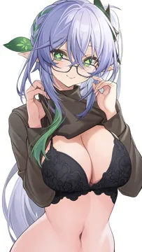 1girl aged_up alternate_breast_size alternate_costume asymmetrical_hair bespectacled black_bra black_framed_eyewear blush bra braid breasts brown_sweater catsmoon cleavage closed_mouth clothes_lift colored_tips cross_shaped_pupils crossed_bangs crown_braid genshin_impact glasses gradient_hair green_eyes green_hair grey_hair hair_between_eyes hair_ornament hands_up large_breasts leaf_hair_ornament lifting_own_clothes long_hair long_sleeves looking_at_viewer multicolored_hair nahida__genshin_impact navel pointy_ears side_ponytail sidelocks simple_background smile solo stomach sweater sweater_lift symbol_shaped_pupils turtleneck turtleneck_sweater two_tone_hair underwear very_long_hair white_background