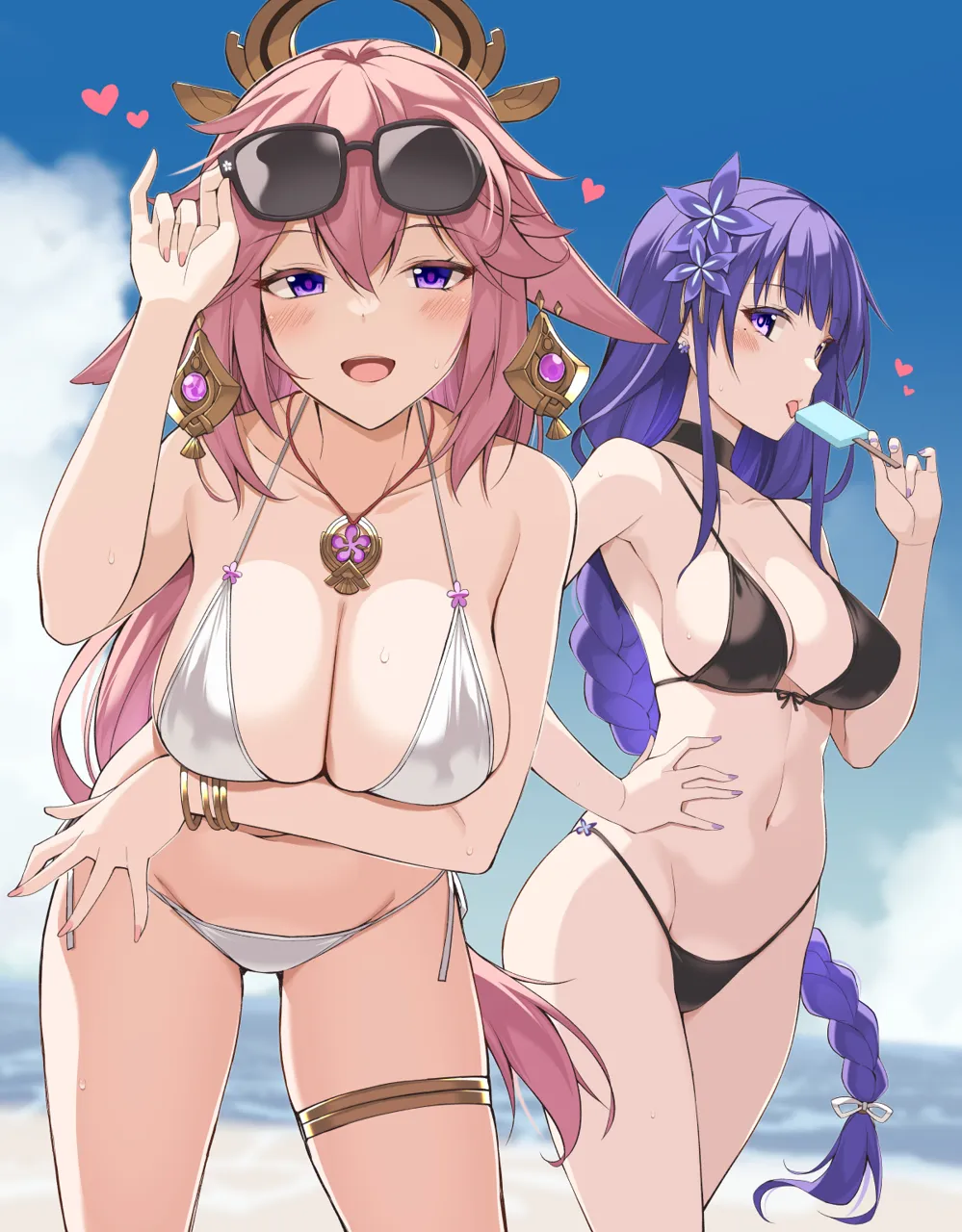 2girls beach bikini black_bikini black_choker blue_sky blurry blurry_background blush bracelet braid breasts choker cloud day eyewear_on_head fingernails flower food genshin_impact hair_flower hair_ornament hand_on_own_hip heart jewelry large_breasts licking long_hair looking_at_viewer low_braided_long_hair low_tied_long_hair multiple_girls navel necklace ocean ohta_yuichi open_mouth outdoors pink_hair pink_nails popsicle purple_eyes purple_hair raiden_shogun side_tie_bikini_bottom sky smile standing sunglasses swimsuit thighlet tongue tongue_out very_long_hair water white_bikini yae_miko