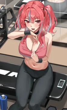 1girl alternate_costume azur_lane bench black_choker black_pants blush bottle breasts bremerton__azur_lane cellphone choker crop_top dumbbell grey_hair gym hand_up large_breasts mirror mole mole_on_breast mole_under_eye multicolored_hair open_mouth pants phone pink_nails pink_tank_top red_eyes red_hair shocho sitting smartphone solo sportswear streaked_hair sweat tank_top twintails water_bottle wristband yoga_pants