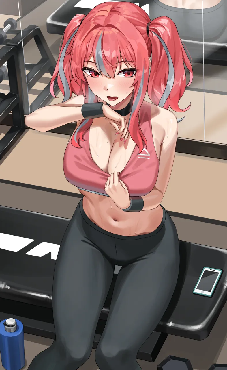 1girl alternate_costume azur_lane bench black_choker black_pants blush bottle breasts bremerton__azur_lane cellphone choker crop_top dumbbell grey_hair gym hand_up large_breasts mirror mole mole_on_breast mole_under_eye multicolored_hair open_mouth pants phone pink_nails pink_tank_top red_eyes red_hair shocho sitting smartphone solo sportswear streaked_hair sweat tank_top twintails water_bottle wristband yoga_pants
