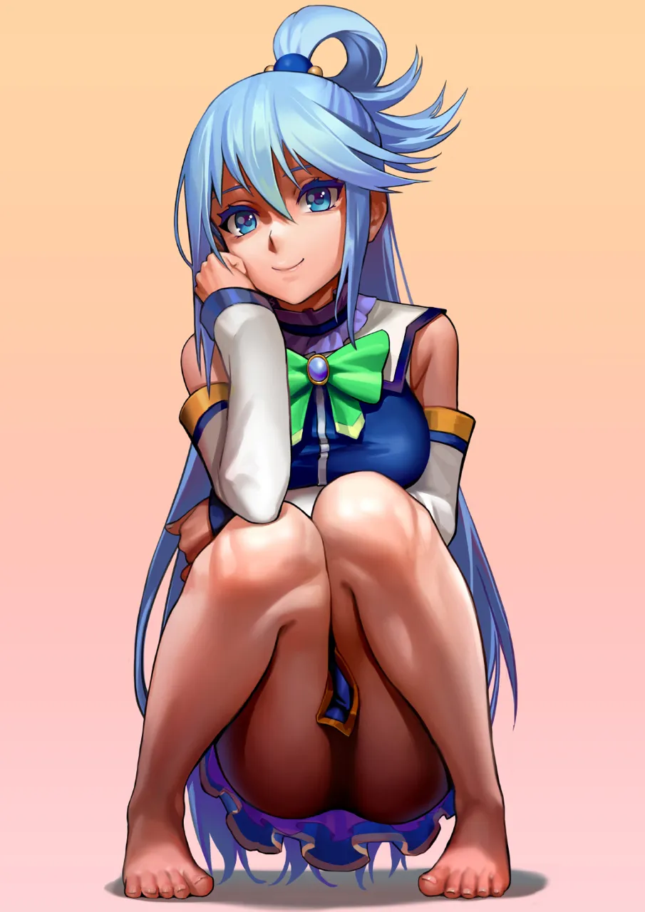 1girl bare_legs bare_shoulders barefoot blue_eyes blue_hair breasts detached_sleeves feet full_body hair_ornament hair_rings head_rest large_breasts long_hair long_legs looking_at_viewer no_panties skirt smile solo squatting toes upskirt very_long_hair as109 kono_subarashii_sekai_ni_shukufuku_wo aqua__konosuba