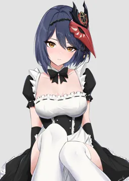 1girl alternate_costume apron black_bow black_dress blue_hair bow breasts collarbone detached_collar dress enmaided feint721 frilled_dress frills genshin_impact grey_background hair_between_eyes hair_ornament knees_together_feet_apart kujou_sara maid maid_apron mask mask_on_head parted_lips puffy_short_sleeves puffy_sleeves short_hair short_sleeves signature simple_background solo thighhighs white_thighhighs