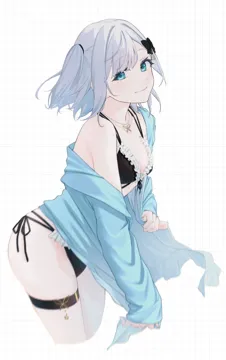 1girl bare_shoulders bikini bikini_under_clothes black_bikini black_bow black_bra black_ribbon blue_eyes blue_hair blush bow bra breasts butterfly_necklace butterfly_ornament cleavage closed_mouth collarbone cowboy_shot frilled_bikini frills front_tie_top grey_hair hair_between_eyes hair_bow hair_ornament hood jacket leaning_forward long_sleeves looking_at_viewer medium_hair multicolored_hair navel off_shoulder open_clothes open_jacket parted_lips ribbon side_tie_bikini_bottom sidelocks simple_background skindentation sleeves_past_wrists small_breasts smile solo standing string_bikini swimsuit thigh_strap thighs two_side_up underwear virtual_youtuber white_background zakki3939 lupinus_virtual_games vspo kaga_sumire kaga_sumire__summer_c102