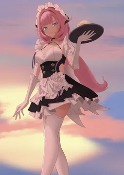 1girl apron black_choker black_dress blue_eyes breasts choker cleavage closed_mouth clothing_cutout detached_sleeves dress elbow_gloves elf fake_horns gloves gradient_background hair_between_eyes heart_pendant holding holding_plate horns long_hair looking_at_viewer maid maid_apron maid_headdress pink_hair plate pointy_ears puffy_short_sleeves puffy_sleeves short_sleeves side_cutout smile solo thighhighs thighs very_long_hair white_apron white_gloves white_thighhighs zettai_ryouiki sasaki3rd honkai__series honkai_impact_3rd elysia__honkai_impact elysia__miss_pink__honkai_impact elysia__miss_pink_elf__honkai_impact