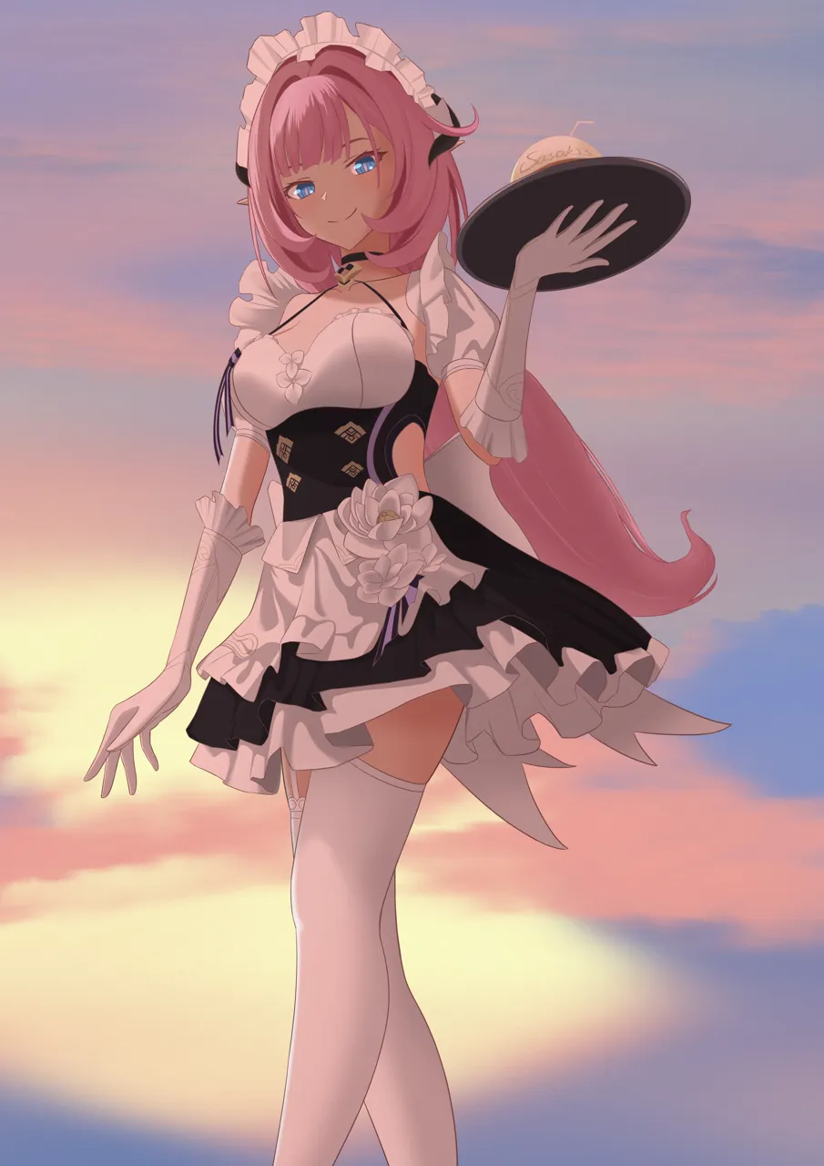 1girl apron black_choker black_dress blue_eyes breasts choker cleavage closed_mouth clothing_cutout detached_sleeves dress elbow_gloves elf fake_horns gloves gradient_background hair_between_eyes heart_pendant holding holding_plate horns long_hair looking_at_viewer maid maid_apron maid_headdress pink_hair plate pointy_ears puffy_short_sleeves puffy_sleeves short_sleeves side_cutout smile solo thighhighs thighs very_long_hair white_apron white_gloves white_thighhighs zettai_ryouiki sasaki3rd honkai__series honkai_impact_3rd elysia__honkai_impact elysia__miss_pink__honkai_impact elysia__miss_pink_elf__honkai_impact