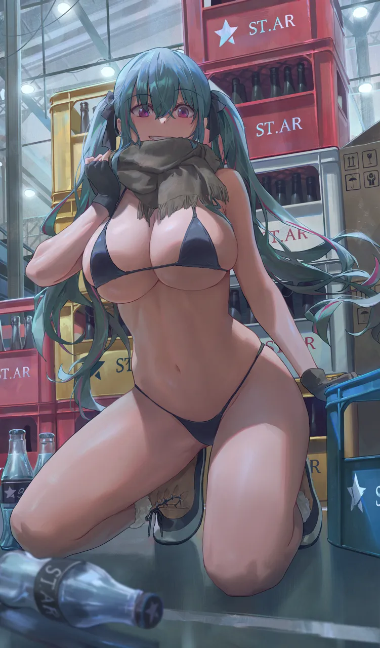 1girl bare_shoulders bikini black_bikini black_gloves blue_hair boots bottle breasts cleavage crate fingerless_gloves floating_hair free_style__yohan1754 full_body gloves grin hair_between_eyes hair_ribbon hair_spread_out highleg highleg_bikini kneeling large_breasts long_hair looking_at_viewer multicolored_hair navel pink_eyes pink_hair ribbon scarf smile solo standing streaked_hair swimsuit thighs toned toned_female twintails two_tone_hair underboob very_long_hair warehouse