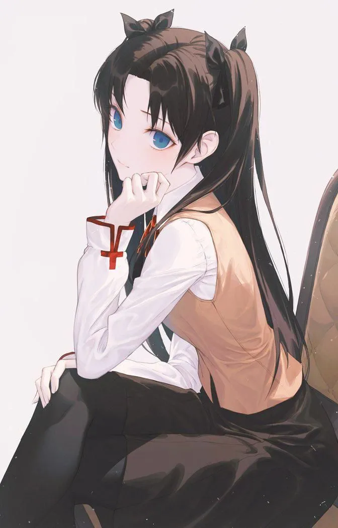 1girl bangs black_hair black_legwear black_skirt blue_eyes brown_vest gradient gradient_background hair_ribbon homurahara_academy_uniform long_hair long_sleeves looking_at_viewer ribbon shirt sitting skirt solo thighhighs vest white_shirt fate__series tohsaka_rin__fate__series
