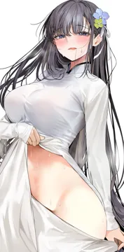 1girl ao_dai black_hair blush breasts clothes_lift cowboy_shot dress dress_lift flower groin hair_flower hair_in_own_mouth hair_ornament hip_focus large_breasts lifting_own_clothes light_smile long_hair long_sleeves looking_at_viewer loose_hair_strand marushin__denwa0214 narrow_waist open_mouth panties pants panty_pull pulling_own_clothes purple_eyes simple_background solo steam straight_hair sweat sweatdrop taut_clothes taut_dress tight_clothes tongue underwear very_long_hair white_background white_dress white_pants wide_hips
