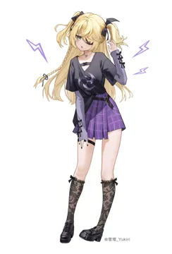 1girl alternate_costume anklet bare_legs bat_ornament black_shirt black_shoes blonde_hair blush braid breasts eyepatch full_body green_eyes hair_over_one_eye hair_ribbon jewelry kneehighs lace_trimmed_socks long_hair long_shirt long_sleeves looking_at_viewer open_mouth plaid_clothes plaid_skirt pleated_skirt purple_skirt ribbon shirt shoes simple_background skirt socks solo t_shirt two_side_up white_background yukiri__l_ii genshin_impact fischl__genshin_impact
