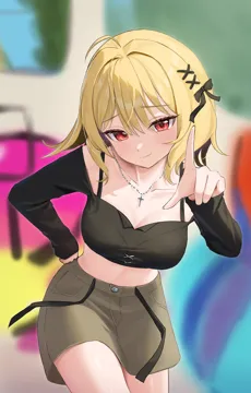 1girl ahoge black_bow black_shirt blonde_hair blurry blurry_background blush bow breasts brown_skirt cleavage closed_mouth collarbone cowboy_shot cropped_shirt cross cross_necklace eyelashes hair_bow hair_ornament hand_on_own_hip index_finger_raised jewelry long_sleeves looking_at_viewer medium_breasts midriff necklace no_navel red_eyes shirt skirt smile solo stomach virtual_youtuber x_hair_ornament nasol waktaverse jingburger__waktaverse