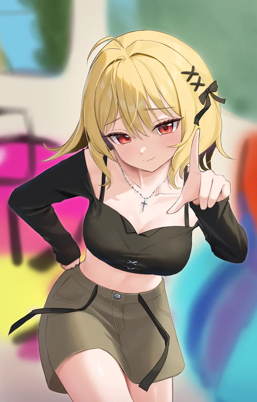 1girl ahoge black_bow black_shirt blonde_hair blurry blurry_background blush bow breasts brown_skirt cleavage closed_mouth collarbone cowboy_shot cropped_shirt cross cross_necklace eyelashes hair_bow hair_ornament hand_on_own_hip index_finger_raised jewelry long_sleeves looking_at_viewer medium_breasts midriff necklace no_navel red_eyes shirt skirt smile solo stomach virtual_youtuber x_hair_ornament nasol waktaverse jingburger__waktaverse