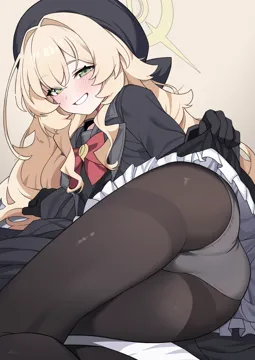 1girl ass beret black_gloves black_hat black_pantyhose blonde_hair clothes_lift dress dress_lift fine_fabric_emphasis gloves green_eyes half_closed_eyes hat lifting_own_clothes long_hair looking_at_viewer panties panties_under_pantyhose pantyhose smile solo thighband_pantyhose underwear white_panties 0haribo0 blue_archive professor_niyaniya__blue_archive