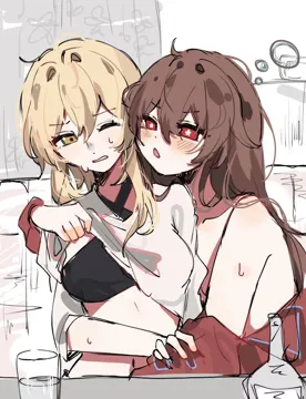 2girls black_bra blonde_hair blush bottle bra bright_pupils brown_hair clothes_lift cup drinking_glass flower_shaped_pupils hand_on_another_s_arm indoors multiple_girls one_eye_closed open_mouth parted_lips partially_undressed red_eyes shirt shirt_lift short_hair_with_long_locks squeans sweatdrop symbol_shaped_pupils topless_female underwear undressing_another upper_body white_pupils white_shirt yellow_eyes yuri jako_gnsn genshin_impact hu_tao__genshin_impact lumine__genshin_impact