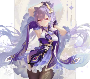 1girl armpits arms_up black_pantyhose blush braid breasts choker closed_mouth cone_hair_bun cowboy_shot detached_sleeves double_bun floating_hair flower frilled_skirt frilled_sleeves frills gloves hair_bun hair_flower hair_ornament high_waist_skirt long_hair looking_at_viewer medium_breasts neck_tassel pantyhose purple_eyes purple_gloves purple_hair purple_skirt shirt sidelocks skirt sleeveless sleeveless_shirt solo twintails white_background white_flower wide_sleeves adelie_cat genshin_impact keqing__genshin_impact