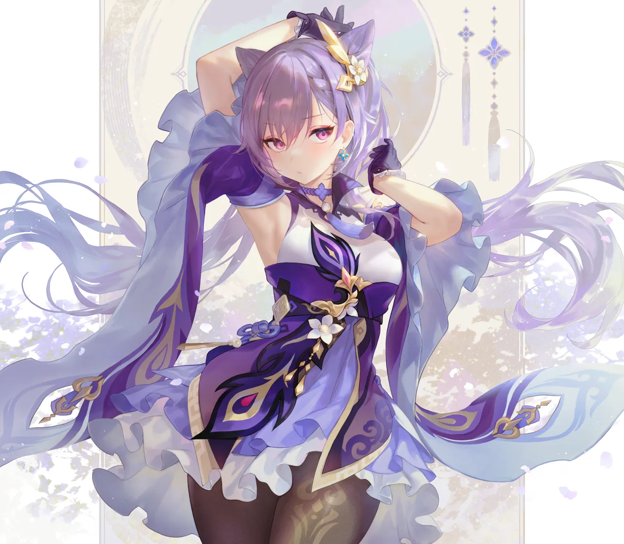 1girl armpits arms_up black_pantyhose blush braid breasts choker closed_mouth cone_hair_bun cowboy_shot detached_sleeves double_bun floating_hair flower frilled_skirt frilled_sleeves frills gloves hair_bun hair_flower hair_ornament high_waist_skirt long_hair looking_at_viewer medium_breasts neck_tassel pantyhose purple_eyes purple_gloves purple_hair purple_skirt shirt sidelocks skirt sleeveless sleeveless_shirt solo twintails white_background white_flower wide_sleeves adelie_cat genshin_impact keqing__genshin_impact