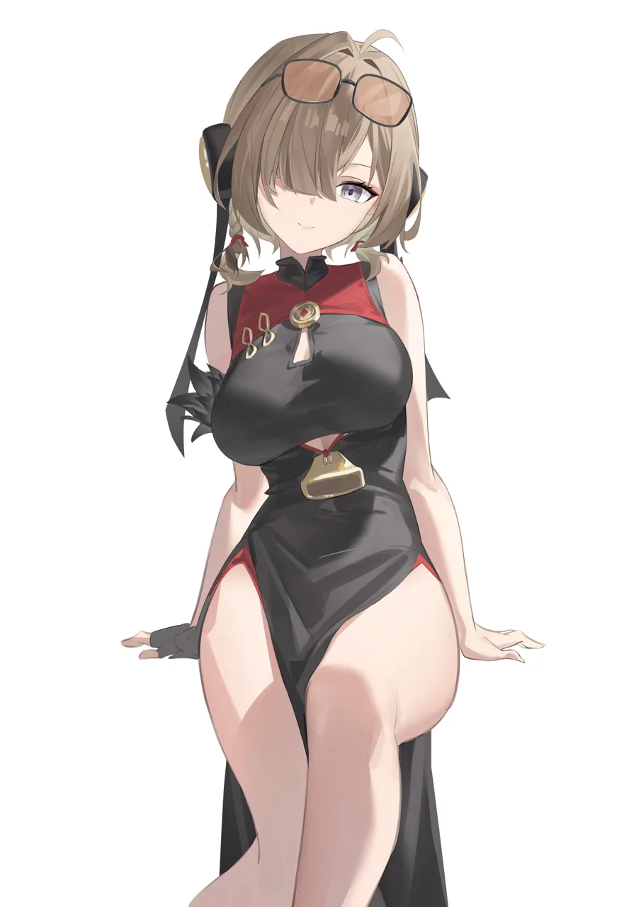 1girl ahoge bare_legs bare_shoulders black_dress breasts brown_hair bun_cover china_dress chinese_clothes cleavage_cutout closed_mouth clothing_cutout double_bun dress eyewear_on_head fingerless_gloves gloves hair_bun hair_over_one_eye invisible_chair large_breasts looking_at_viewer medium_hair pelvic_curtain purple_eyes short_twintails simple_background single_glove sitting sleeveless sleeveless_dress smile solo sunglasses thighs twintails underboob_cutout white_background angel_no_shousou zenless_zone_zero sweety__zenless_zone_zero