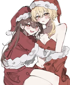 2girls bare_shoulders blonde_hair blush breasts brown_hair capelet christmas cleavage flower_shaped_pupils fur_trimmed_capelet fur_trim hat hug long_hair looking_at_viewer medium_breasts multiple_girls open_mouth parted_lips red_capelet red_eyes red_skirt santa_costume santa_hat short_hair_with_long_locks simple_background sitting sitting_on_lap sitting_on_person skirt smile symbol_shaped_pupils white_background yellow_eyes yuri jako_gnsn genshin_impact hu_tao__genshin_impact lumine__genshin_impact
