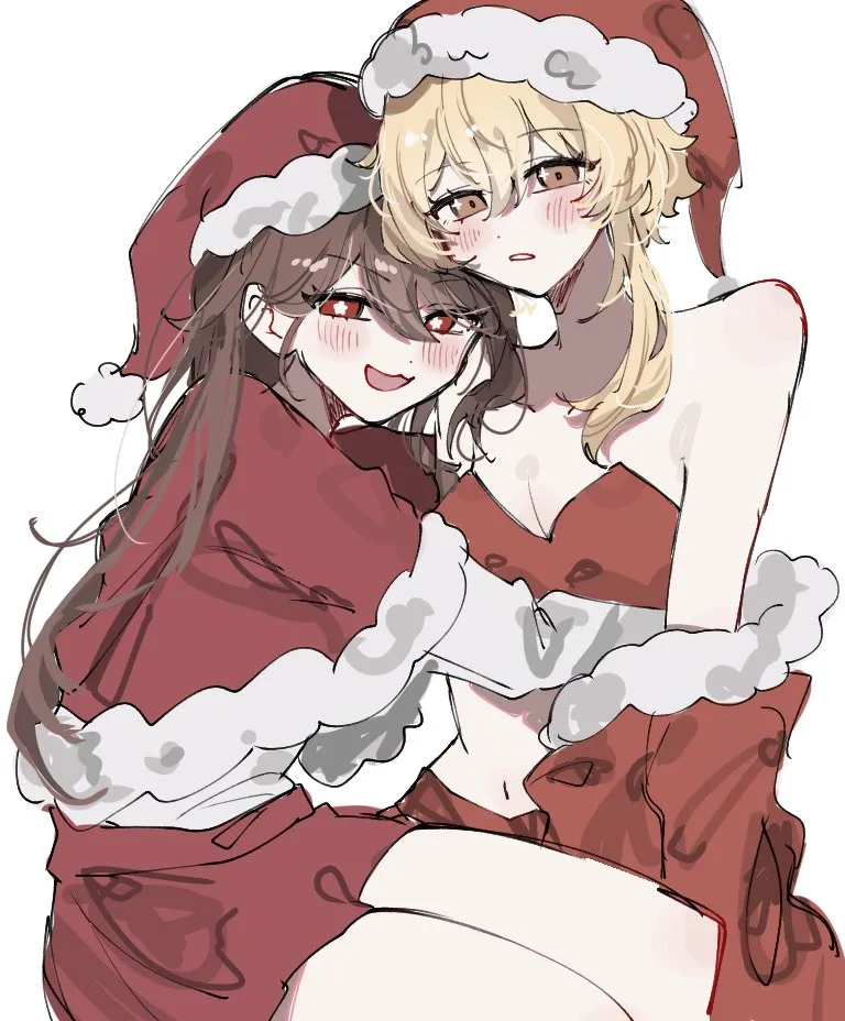 2girls bare_shoulders blonde_hair blush breasts brown_hair capelet christmas cleavage flower_shaped_pupils fur_trimmed_capelet fur_trim hat hug long_hair looking_at_viewer medium_breasts multiple_girls open_mouth parted_lips red_capelet red_eyes red_skirt santa_costume santa_hat short_hair_with_long_locks simple_background sitting sitting_on_lap sitting_on_person skirt smile symbol_shaped_pupils white_background yellow_eyes yuri jako_gnsn genshin_impact hu_tao__genshin_impact lumine__genshin_impact