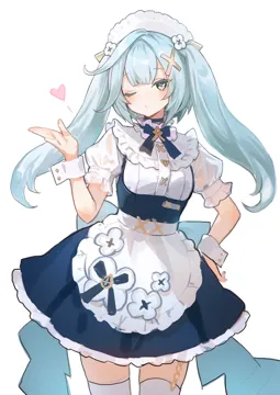 1girl apron aqua_hair blowing_kiss breasts cowboy_shot dress green_eyes hair_ornament hand_on_own_hip hand_up heart long_hair maid maid_headdress official_alternate_costume puffy_short_sleeves puffy_sleeves short_sleeves simple_background solo twintails white_apron white_background white_wrist_cuffs wrist_cuffs x_hair_ornament adelie_cat genshin_impact faruzan__genshin_cafe_in_seoul__genshin_impact faruzan__genshin_impact