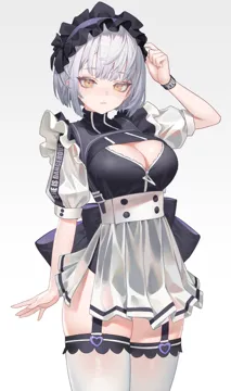 1girl adjusting_clothes adjusting_headwear arm_at_side artist_name back_bow black_bow black_leotard bob_cut bow breasts cleavage closed_mouth clothes_writing cowboy_shot fingernails frills garter_straps hand_up heart large_breasts layered_clothes leotard leotard_under_clothes looking_at_viewer maid_headdress miniskirt pleated_skirt puffy_short_sleeves puffy_sleeves see_through_clothes short_hair short_sleeves side_slit simple_background skindentation skirt solo thighhighs turtleneck two_sided_fabric white_background white_hair white_skirt white_thighhighs wrist_extended xzu