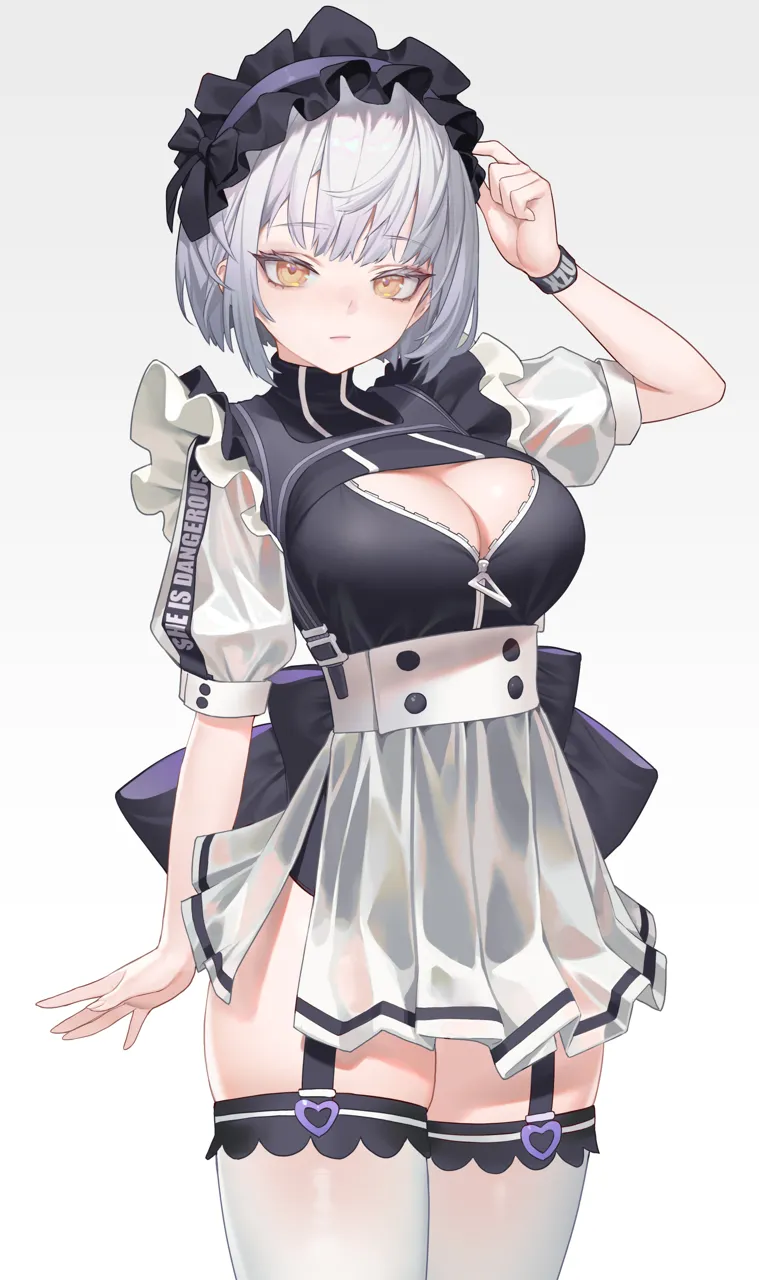 1girl adjusting_clothes adjusting_headwear arm_at_side artist_name back_bow black_bow black_leotard bob_cut bow breasts cleavage closed_mouth clothes_writing cowboy_shot fingernails frills garter_straps hand_up heart large_breasts layered_clothes leotard leotard_under_clothes looking_at_viewer maid_headdress miniskirt pleated_skirt puffy_short_sleeves puffy_sleeves see_through_clothes short_hair short_sleeves side_slit simple_background skindentation skirt solo thighhighs turtleneck two_sided_fabric white_background white_hair white_skirt white_thighhighs wrist_extended xzu