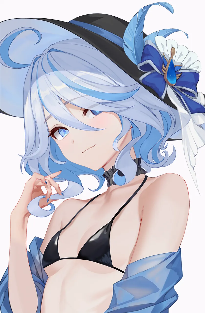 1girl ahoge alternate_costume bare_shoulders bikini black_bikini black_choker black_hat blue_bow blue_eyes blue_hair blue_nails bow breasts choker closed_mouth collarbone eyes_visible_through_hair frilled_choker frills furina__genshin_impact genshin_impact grey_background hat hat_bow holding holding_own_hair jewelry light_smile looking_at_viewer multicolored_hair off_shoulder ribs simple_background small_breasts smile solo stomach streaked_hair swimsuit underboob upper_body white_background zero_pi