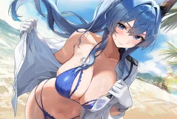 1girl beach bikini blue_bikini blue_eyes blue_hair blush breasts collarbone floating_hair frilled_bikini frills gijang gloves goddess_of_victory__nikke hair_intakes helm__aqua_marine__nikke helm__nikke large_breasts long_hair looking_at_viewer multi_strapped_bikini_bottom navel open_clothes open_shirt outdoors ponytail shirt single_bare_shoulder solo stomach sweat swimsuit very_long_hair wavy_mouth white_gloves white_shirt