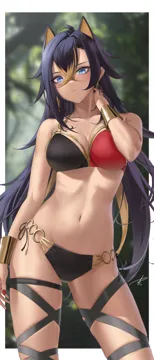 1girl adapted_costume animal_ears arm_at_side bare_arms bare_shoulders bikini black_bikini black_hair blonde_hair blue_eyes blurry blurry_background border bracer breasts closed_mouth contrapposto crossed_bangs dark_skin dark_skinned_female dehya__genshin_impact earrings expressionless floating_earring genshin_impact gold_trim hair_intakes halterneck hand_on_own_neck hand_up jewelry linea_alba long_hair looking_at_viewer multicolored_bikini multicolored_hair nail_polish navel o_ring o_ring_bikini red_nails side_tie_bikini_bottom signature skindentation solo standing stomach streaked_hair string_bikini swimsuit thigh_strap thighs two_tone_hair white_border yabacha