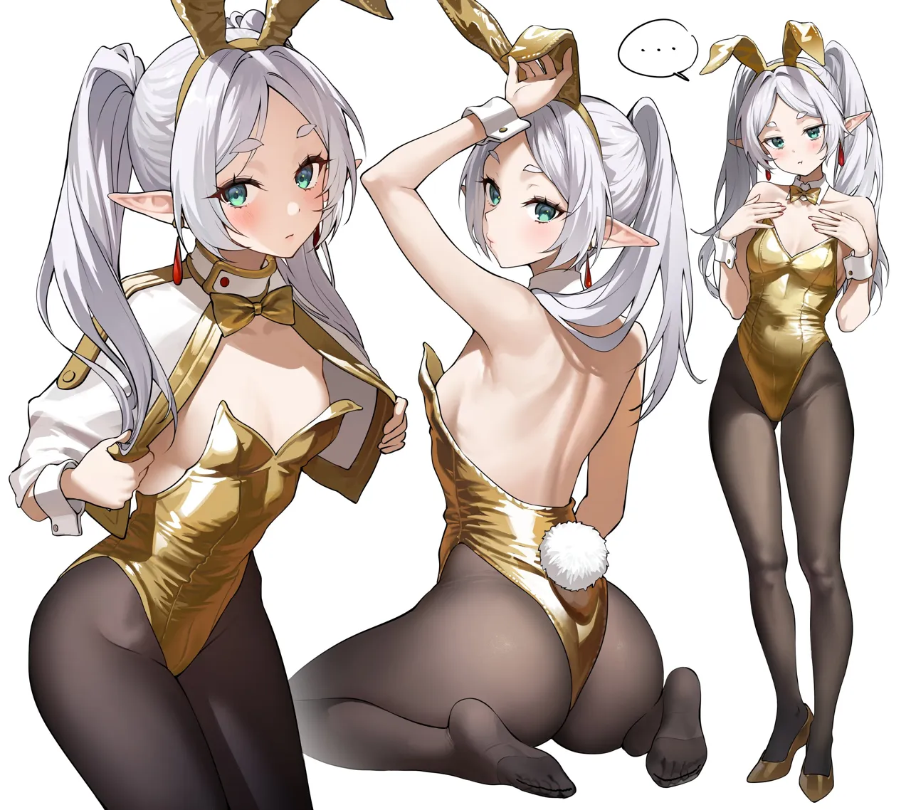 1girl _t animal_ear_hairband animal_ears ass backless_leotard bare_shoulders black_pantyhose blush breasts capelet closed_mouth cowboy_shot detached_collar earrings elf fake_animal_ears fake_tail feet full_body gold_bowtie gold_leotard gold_shoes green_eyes grey_hair hairband hands_on_own_chest highleg highleg_leotard jewelry leotard long_hair long_pointy_ears looking_at_viewer medium_breasts multiple_views no_shoes pantyhose playboy_bunny pointy_ears pout rabbit_ear_hairband rabbit_ears rabbit_tail seiza shoes simple_background sitting soles spoken_ellipsis standing strapless strapless_leotard tail teardrop_earrings thick_eyebrows toes twintails white_background white_capelet white_wrist_cuffs wrist_cuffs ayoni_623 sousou_no_frieren frieren