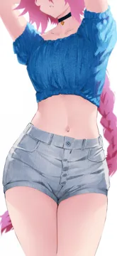 1girl alternate_costume arms_up astolfo__fate black_choker blue_shirt braid breasts choker collarbone cowboy_shot crop_top eutoria fate__series fate_grand_order genderswap genderswap__mtf grey_shorts head_out_of_frame long_hair midriff navel parted_lips pink_hair shirt short_shorts short_sleeves shorts single_braid small_breasts solo stomach thighs very_long_hair
