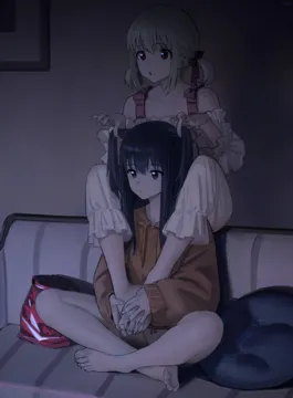 2girls barefoot between_toes black_hair blonde_hair brown_hoodie couch crossed_legs dark_room feet fingers_between_toes gift_bag hair_ribbon hands_on_feet holding holding_another_s_hair holding_feet hood hoodie legs long_hair multiple_girls pajamas panties purple_eyes red_eyes ribbon short_hair sitting toenails toes twintails underwear watching_television songchuan_li lycoris_recoil inoue_takina__lycoris_recoil nishikigi_chisato__lycoris_recoil