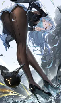 1girl arm_behind_back ass bird black_bird black_pantyhose black_shoes bodystocking breasts cleavage fine_fabric_emphasis grey_hair grey_sky high_heels legs long_hair long_sleeves looking_at_viewer looking_back official_alternate_costume outdoors pantyhose parted_lips shoes sky teeth upper_teeth_only very_long_hair water yellow_eyes ryugisa zenless_zone_zero yixuan__trails_of_ink__zenless_zone_zero yixuan__zenless_zone_zero