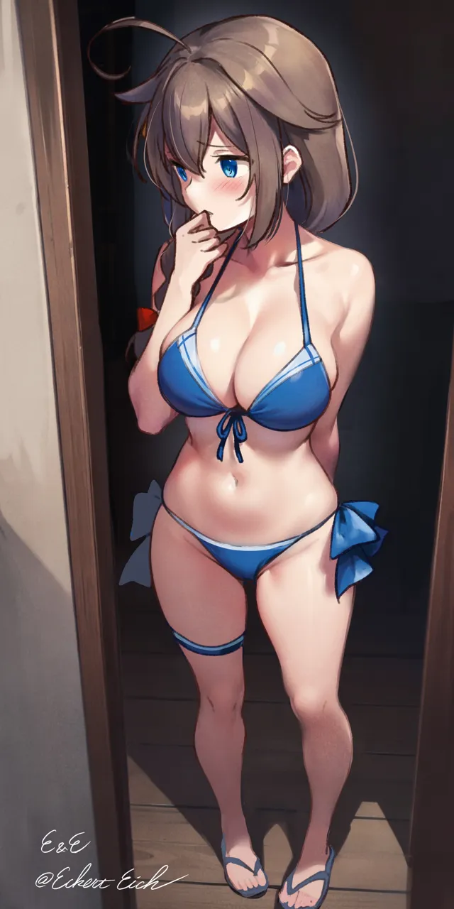 1girl ahoge alternate_breast_size alternate_costume arm_behind_back averting_eyes bare_shoulders bikini blue_bikini blue_eyes blush braid breasts cleavage collarbone doorway eckert_eich embarrassed finger_in_own_mouth flip_flops front_tie_bikini_top front_tie_top full_body furrowed_brow hair_flaps hair_over_shoulder halterneck hand_to_own_mouth indoors kantai_collection large_breasts legs long_hair looking_to_the_side navel official_alternate_costume one_hour_drawing_challenge open_door pigeon_toed pov_doorway ribbon sandals shadow shigure__kancolle shigure_kai_san__kancolle shigure_kai_san__swimsuit__kancolle side_tie_bikini_bottom single_braid skindentation sliding_doors solo standing stomach string_bikini swimsuit thigh_strap thighs wooden_floor