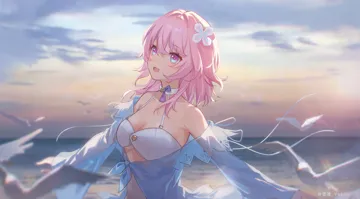 1girl alternate_costume bare_shoulders bikini bird blue_eyes blue_jacket blurry blurry_background breasts button_bikini choker cloud collarbone facing_to_the_side flower_ornament hair_between_eyes hair_ornament halterneck jacket long_sleeves looking_ahead multicolored_eyes navel ocean open_mouth outstretched_arms pink_eyes pink_hair pink_pupils purple_ribbon ribbon ribbon_choker seagull see_through_clothes see_through_jacket short_hair sidelocks solo spread_arms stomach sunlight sunset swimsuit tied_jacket upper_body white_bikini white_choker wide_sleeves yukiri__l_ii honkai__star_rail honkai__series march_7th__honkai__star_rail