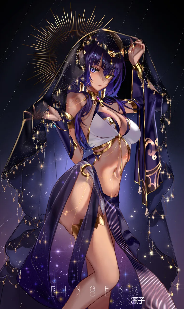 1girl adapted_costume armlet artist_name bare_shoulders breasts candace__genshin_impact cleavage dark_background dark_skin dark_skinned_female eye_of_horus forehead_jewel genshin_impact gold_trim gradient_background hair_between_eyes headpiece heterochromia jewelry large_breasts legs long_hair looking_at_viewer navel pelvic_curtain purple_eyes purple_hair revealing_clothes ringeko_chan solo thighlet veil yellow_eyes
