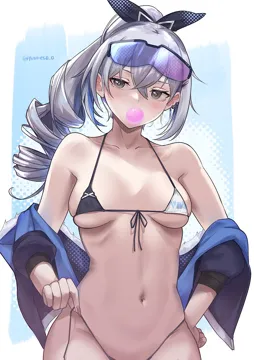 1girl alternate_costume bare_shoulders bikini blowing_bubbles breasts chewing_gum collarbone crossed_bangs drill_hair drill_ponytail eyewear_on_head goggles goggles_on_head grey_eyes grey_hair hair_between_eyes hair_ribbon honkai__series honkai__star_rail jacket long_hair long_sleeves looking_at_viewer medium_breasts micro_bikini navel off_shoulder ponytail ribbon sideboob silver_wolf__honkai__star_rail solo stomach swimsuit tinnies underboob