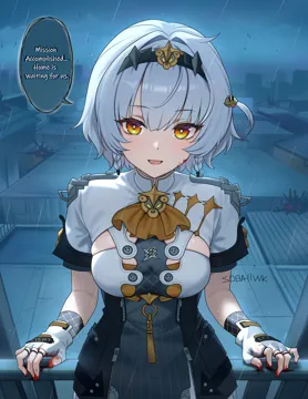 1girl blood braid breasts bright_pupils dress english_text gloves light_smile looking_at_viewer medium_breasts night open_mouth rain short_hair signature solo speech_bubble standing twin_braids white_hair white_pupils soba11 zenless_zone_zero anby_demara__zenless_zone_zero anby_demara__silver_soldier__zenless_zone_zero