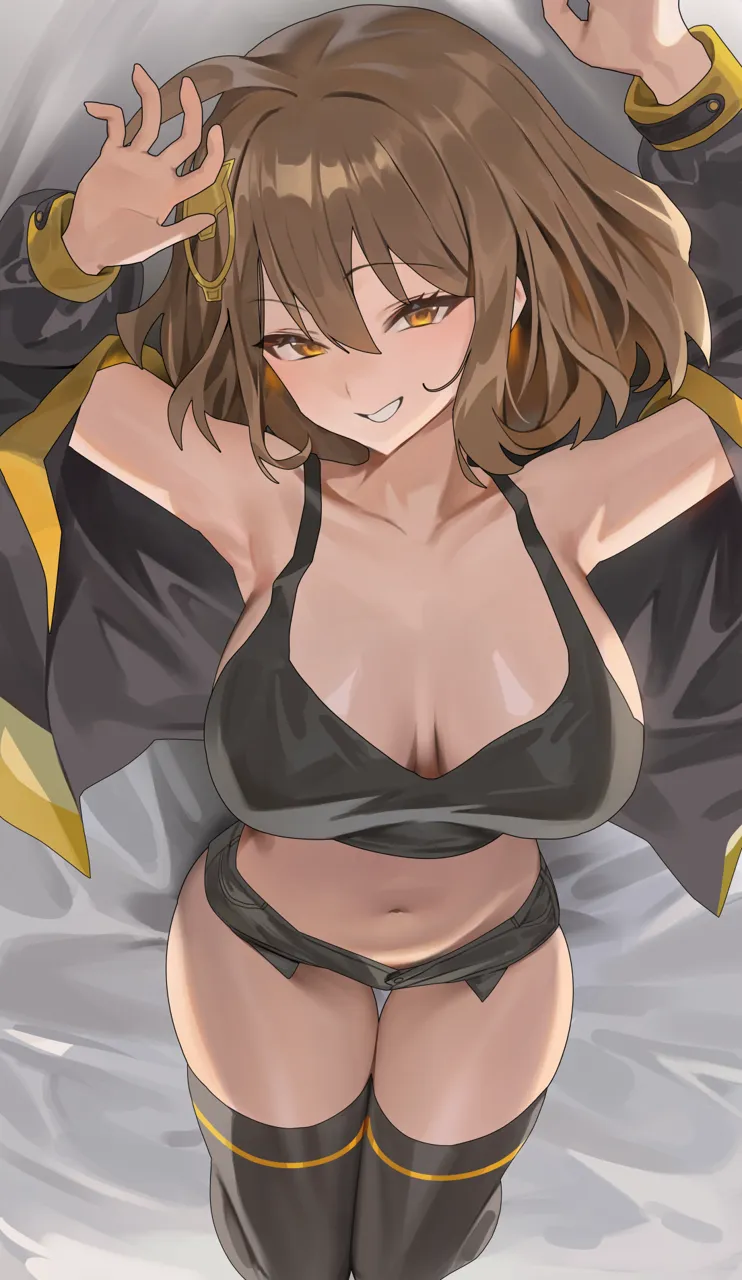 1girl anis__nikke arms_up bare_shoulders black_jacket black_shirt black_shorts black_thighhighs breasts brown_hair cat_hair_ornament cleavage collarbone crop_top goddess_of_victory__nikke grin hair_ornament hood__james_x jacket large_breasts long_sleeves looking_at_viewer lying midriff navel off_shoulder on_back open_clothes open_jacket shirt short_hair short_shorts shorts smile solo thighhighs thighs yellow_eyes