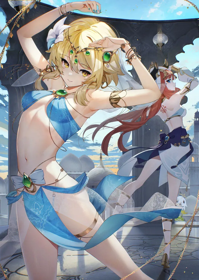3girls alternate_costume aqua_nails arm_up armlet armpits arms_up back_tattoo bangle bare_arms bare_back bare_legs bare_shoulders belly_chain blonde_hair blue_eyes blue_nails blue_sky bracelet bracer breasts chain circlet closed_mouth clothing_cutout cloud cosplay dancer dancing detached_sleeves fake_horns floating_hair full_body gem genshin_impact gladiator_sandals gold_chain gold_footwear green_gemstone harem_outfit horns jewelry leg_up long_hair long_sleeves looking_at_viewer looking_back low_twintails lumine__genshin_impact median_furrow medium_breasts medium_hair multiple_girls nail_polish navel nilou__genshin_impact nilou__genshin_impact__cosplay paimon__genshin_impact peeking pelvic_curtain pillar puffy_long_sleeves puffy_sleeves red_hair revealing_clothes sandals scottie__phantom2 see_through_clothes shirt short_hair_with_long_locks sidelocks skirt sky sleeveless sleeveless_shirt small_breasts smile standing standing_on_one_leg stomach tattoo thighlet thighs twintails veil vision__genshin_impact white_hair white_veil yellow_eyes