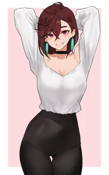 1girl arms_up ayase_momo black_choker bluefield breasts brown_eyes brown_hair choker cleavage dandadan earrings gyaru hair_between_eyes high_waist_pants jewelry long_sleeves looking_at_viewer medium_breasts pants pendant_earring red_eyes short_hair smile solo