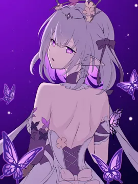 1girl backless_dress backless_outfit bare_back bare_shoulders bow bug butterfly dress from_behind grey_hair hair_bow long_hair looking_at_viewer looking_back parted_lips pointy_ears purple_background purple_bow purple_eyes solo upper_body sasa_mi__user_xrsf5585 honkai__star_rail honkai__series castorice__honkai__star_rail