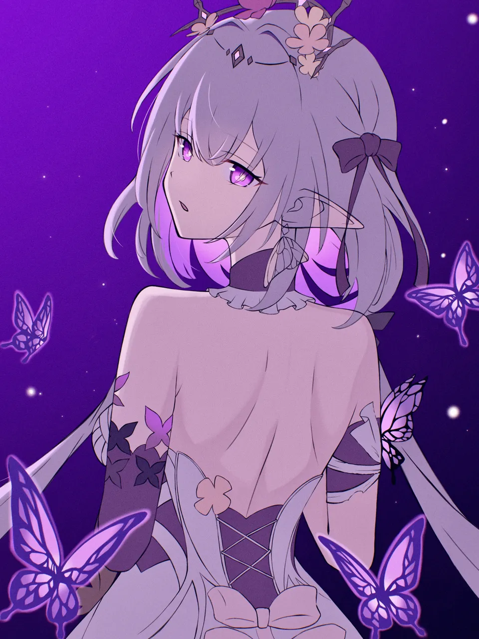 1girl backless_dress backless_outfit bare_back bare_shoulders bow bug butterfly dress from_behind grey_hair hair_bow long_hair looking_at_viewer looking_back parted_lips pointy_ears purple_background purple_bow purple_eyes solo upper_body sasa_mi__user_xrsf5585 honkai__star_rail honkai__series castorice__honkai__star_rail