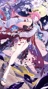 1girl animal_ears armpits bare_shoulders cherry_blossom_print cherry_blossoms detached_sleeves dutch_angle earrings electricity feet floppy_ears floral_print fox_ears full_body full_moon hand_up heel_up jewelry legs long_hair looking_at_viewer moon nail_polish night open_mouth outdoors pink_hair pink_nails purple_eyes sandals shirt sleeveless sleeveless_shirt smile solo tassel toenail_polish toenails toes tree turtleneck very_long_hair walking white_shirt white_sleeves wide_sleeves taiju__gr09kuma genshin_impact yae_miko__genshin_impact